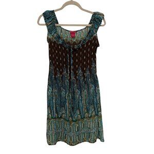 Y2K Boho Womens Dress Sz M Brown Turquoise Paisley Print Sleeveless Sunny Leigh